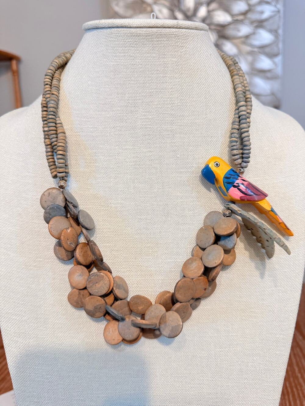 20” Multistrand Wood Disc & Parrot Necklace